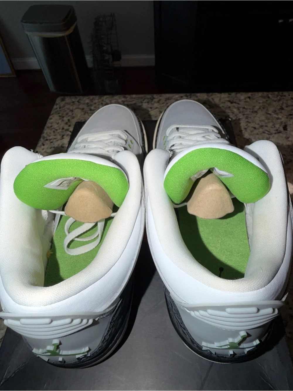 Jordan Retro 3 Sneakers in Light Gray, Black & Green Accents